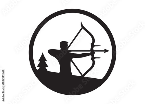 archery logo silhouette vector, bow and arrow logo silhouette illustration, bow and arrow silhouette logo vector, archery sports logo vector, archer bow man logo vector silhouette on white background.