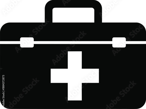Black medical case with white cross symbol healthcare icon on transparent background silhouette