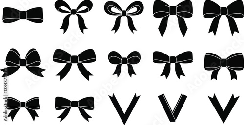 Collection of elegant black ribbon bows in various designs on transparent background silhouette