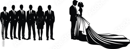 Black And White Vector Silhouette Set Featuring A Wedding Couple And A Professional Bridal Party In Formal Suits For Marriage Celebration Design
