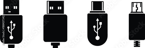 Four distinct usb connector types displayed in a black silhouette on transparent background