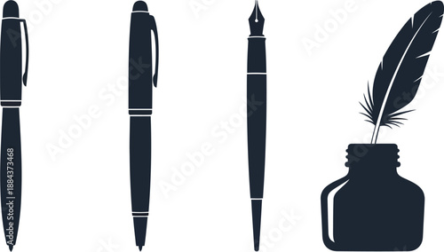 Elegant writing tools collection including pens quill and inkwell on transparent background silhouette
