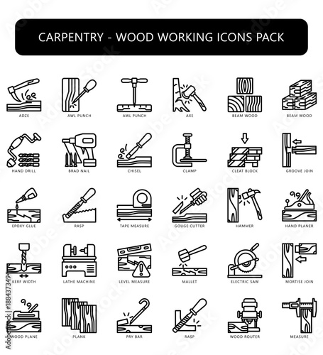 Carpentry, wood working black outline icons pack. contain electric saw, sanding machine, clamp, chisel, hammer, hand plane, rasp, nail and more. Vector for print, UI, UX kit, web and app development.