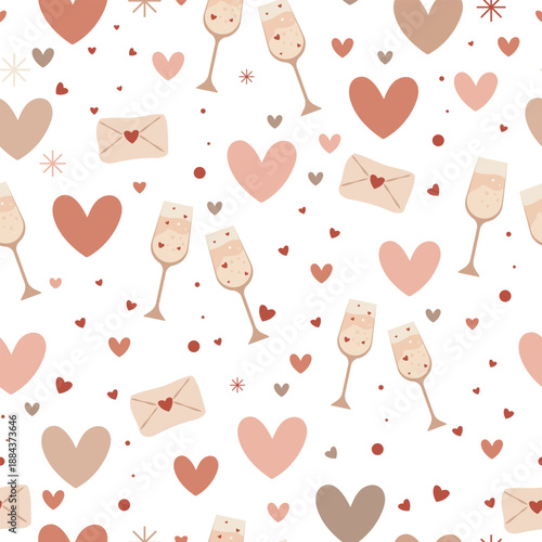 Seamless Valentine celebration pattern with flat hearts, love envelopes and champagne flutes in a muted beige–blush palette with red accents—ideal for packaging, gift wrap, stationery, wedding invites