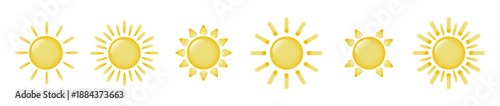 A set of cartoon suns. Six sun icons with different rays on a white background. Retro logo in the form of a semicircle with radial rays. Vector EPS 10.