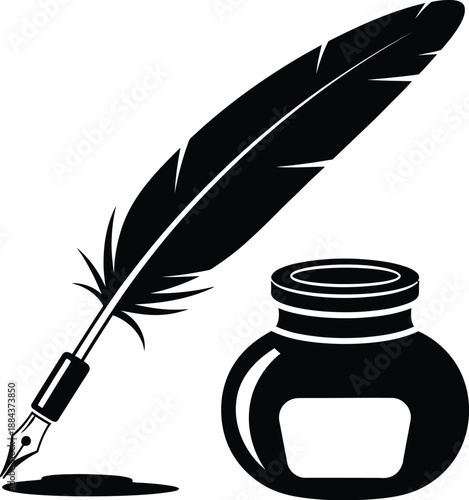 Vintage quill pen and inkwell illustration perfect for design projects on transparent background silhouette