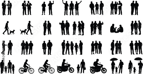 Black And White Vector Silhouette Set Featuring People Walking Dogs Riding Bicycles Motorbikes Families With Children And Businessmen For Urban Lifestyle Design