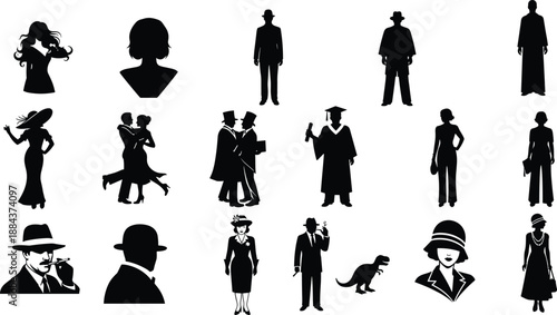 Black And White Vector Silhouette Set Featuring Vintage Portraits Couples Dancing A Graduate Graduate Gentleman Dinosaur And Fashionable Women For Creative Design Projects