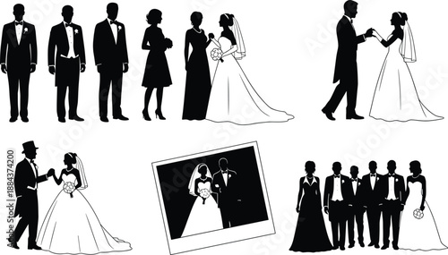 Black and white vector silhouette set featuring wedding couples, bridal party members, groomsmen, bridesmaids, and marriage ceremony poses for romantic event design projects