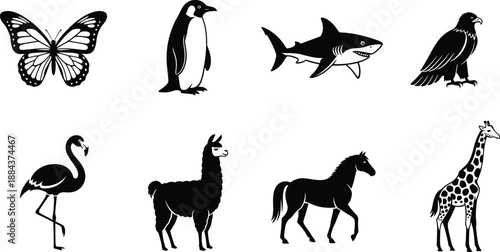 Black And White Vector Silhouette Set Of Diverse Animals Featuring A Butterfly Penguin Shark Eagle Flamingo Llama Horse And Giraffe For Nature Design