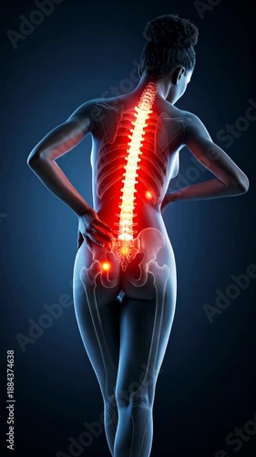 Female anatomical illustration showing inflammation and pain of the back, spine, and lower back against a dark blue background.