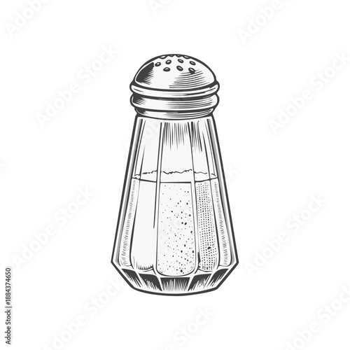 Vintage Glass Salt Shaker with Metal Lid - Hand Drawn Engraving Illustration