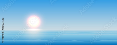 A summer landscape with a blue sea or ocean with a sunny blue sky. Vector illustration.