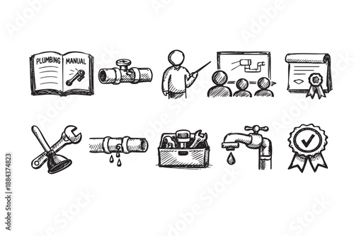 This illustration depicts plumbing themed icons, including repair instruction, leaking pipes, and certification, sketched for a unique and engaging visual concept.