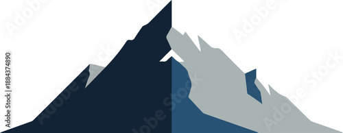 Mountain peak illustration with contrasting dark blue and gray silhouettes against a clean white background from a frontal viewpoint