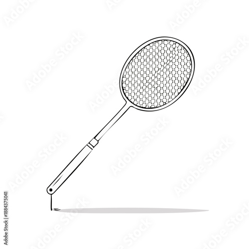 Sketch illustration of badminton racket with net for competitive sport and leisure activity on white