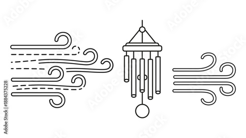 Wind chime with swirling wind lines.