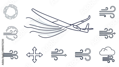 Airplane flying through windy weather conditions.