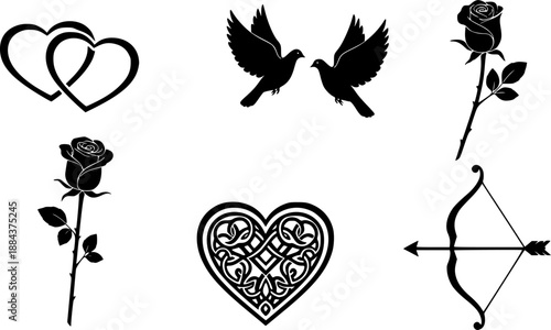 Romantic Silhouette Icon Set: Black Intertwined Hears, Doves, Rose, Celtic Kno, and Cupid's Bow for Weddng and Valentine's Design

