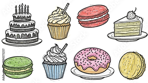 Assorted sweet baked dessert food items.