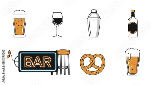 Bar and beer icons illustration set.