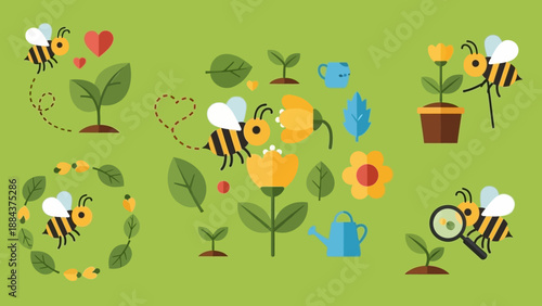 Bees and flowers in garden scene.