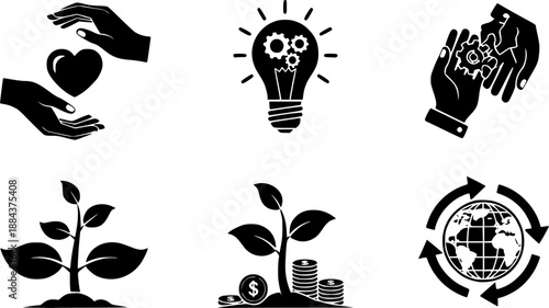 Set of shared value creation vector icons isolated on white background. Vector illustration. Black flat design
