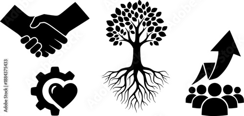 Set of shared value creation vector icons isolated on white background. Vector illustration. Black flat design
