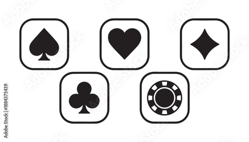 Playing card suits and casino chip flat vector icons set. simple symbols collection for games