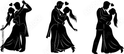 A set of romantic dancing couple silhouette icon. Valentines Day vector isolated on transparent background.
