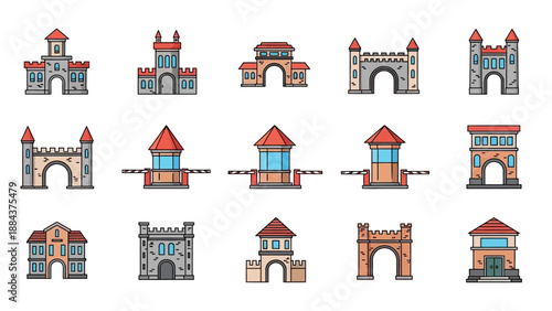 Collection of cartoon castle towers.