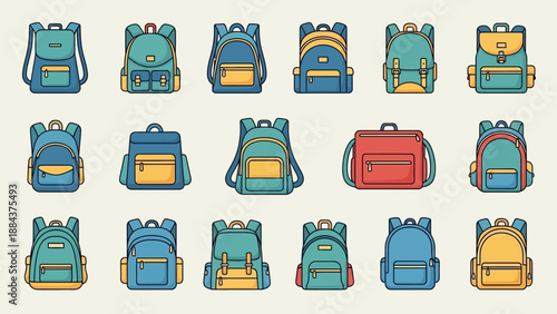 Collection of colorful cartoon backpacks.
