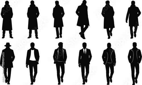 Black And White Vector Silhouette Set Of Men In Elegant Winter Coats Suits And Casual Outfits Walking And Standing For Fashion Design Projects (22 words)