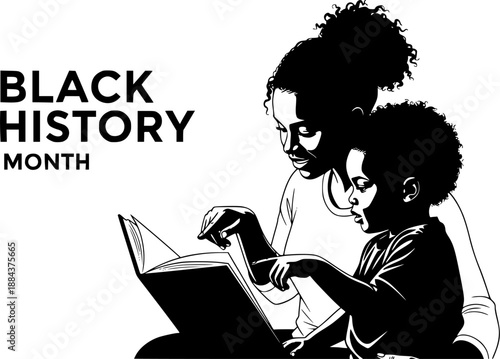 Black History Month Mother Teaching Child Reading Book Silhouette Vector Illustration
