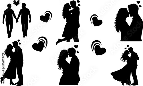 Collection of romantic couple silhouettes in various love and affection poses, vector illustration set with hearts on white background.