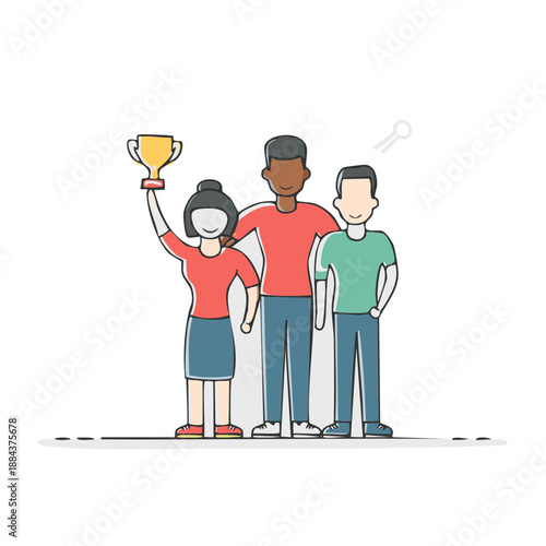 Diverse team celebrates victory with trophy in hand symbolizing teamwork and achievement