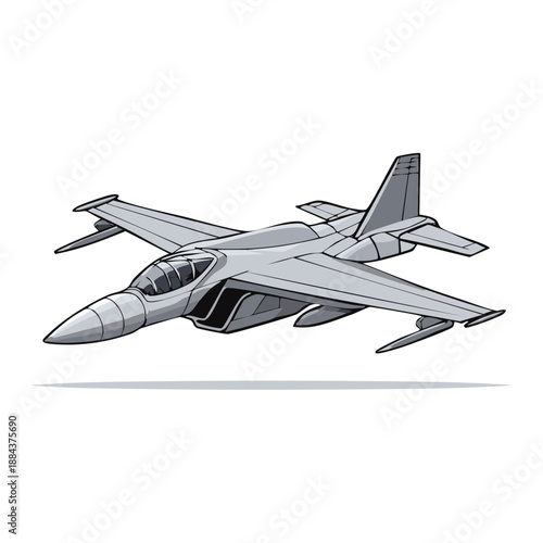 Vector Illustration of a Grey Modern Fighter Jet in Flight - Depicts aerial vehicle used for military, defense and air combat scenarios
