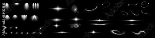 Glow isolated white transparent light effect set, lens flare, explosion, glitter, line, sun flash, spark and stars. Abstract special effect element design.