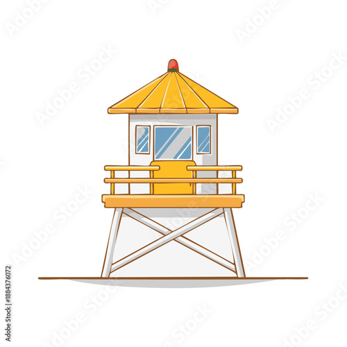 Isolated illustration of a simple yellow lifeguard tower with a peaked roof near the sea or an ocean.