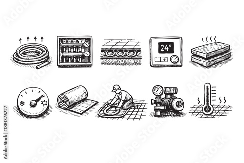 A hand-drawn sketch illustrates the components and installation of an underfloor heating system, showcasing the process and associated equipment in detail.