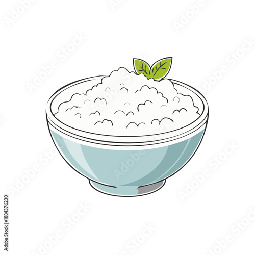 Cottage cheese bowl with mint garnish illustration. Dietary, healthy food serving.