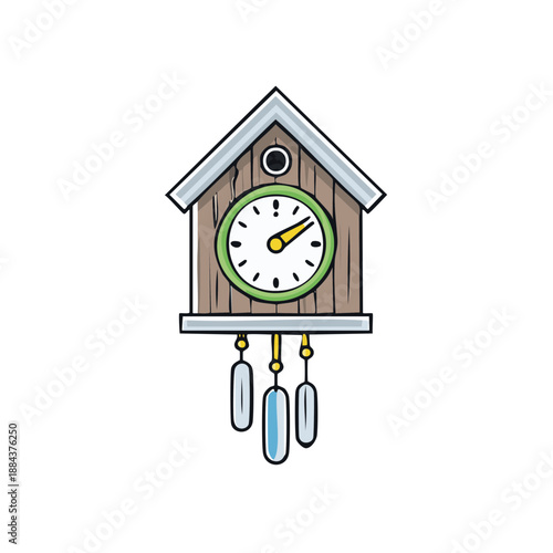 Whimsical Cuckoo Clock Illustration with Pendulums, Decorative Wall Decor for Home, Time Telling Device