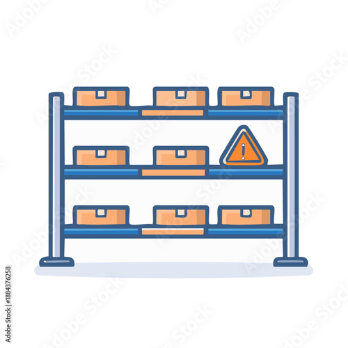 Warehouse Shelving with Boxes and Warning Sign Indicating Storage Issues Inventory Management