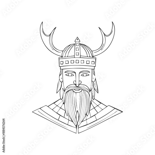 Linear Black and White Viking Warrior Wearing Horned Helmet with Beard and Armor Plating