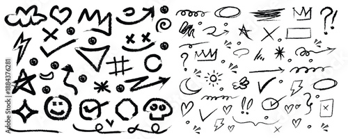 Hand Drawn Doodle Symbols Icon Set with Arrows Hearts Stars and Smileys