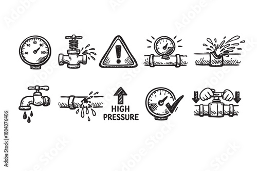 Hand-drawn illustrations showcase plumbing issues like leaks, high pressure, and solutions such as pressure testing and valve operation. Vector graphic for repair guides and safety manuals.