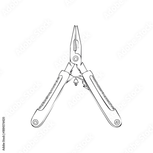 Detailed line art sketch of open multi tool showing pliers and handle features