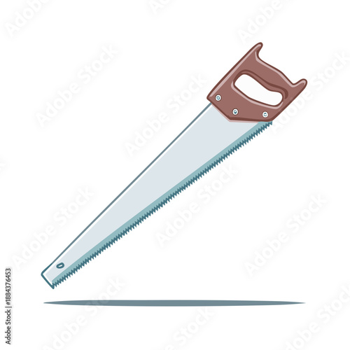 Illustration of a hand saw with a brown handle and a silver blade for cutting wood in carpentry and construction work