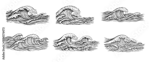 Collection of ocean waves illustration set, water motion, sea, waves.