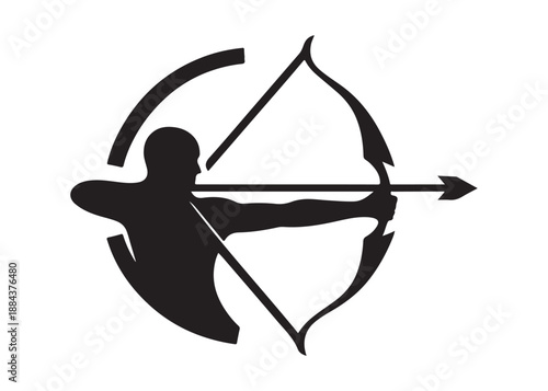 archery logo silhouette vector, bow and arrow logo silhouette illustration, bow and arrow silhouette logo vector, archery sports logo vector, archer bow man logo vector silhouette on white background.